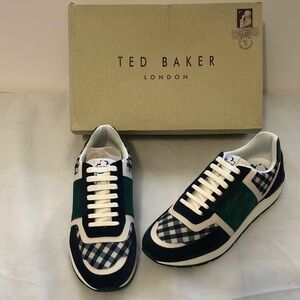 New men’s size 10 Ted Baker Gregore check-print leather-blend trainers in navy